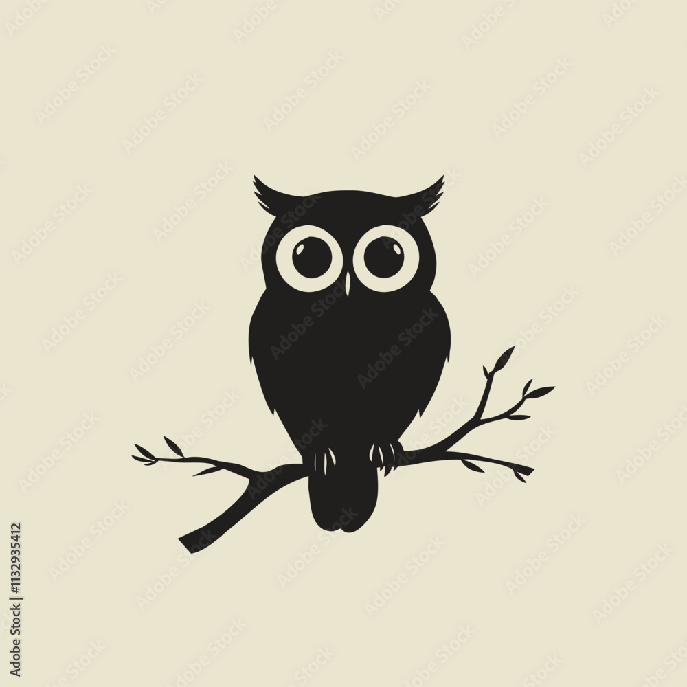 Obraz premium Silhouette of a wise owl perched on a branch, large eyes as cutouts on a solid white background