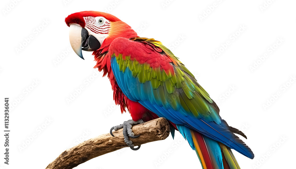 Fototapeta premium a red macaw parrot with beautiful plumage sitting on a perch isolated on a white background birds ornithology ecology