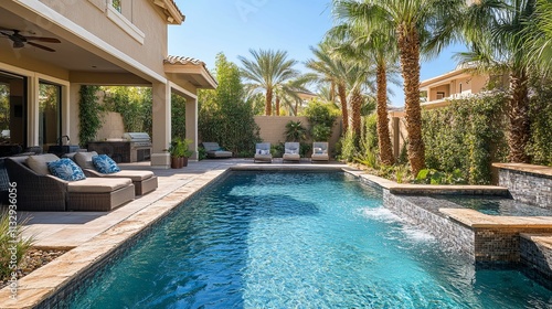Luxurious Backyard Pool Oasis With Lounge Chairs And Palm Trees