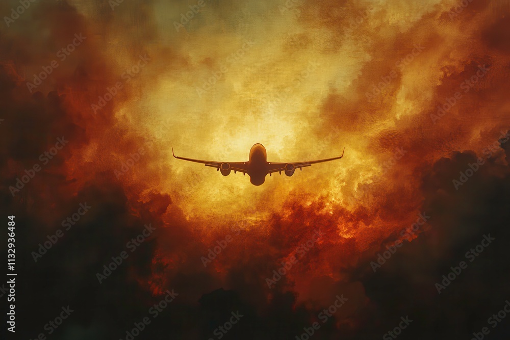 Naklejka premium Sunset Sky with Airplane Silhouette and Dramatic Clouds