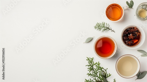 Tea Ceremony: A serene arrangement of teacups, herbs, and spices on a minimalist background. Perfect for blogs, websites, or social media related to wellness, healthy living, and herbalism. photo