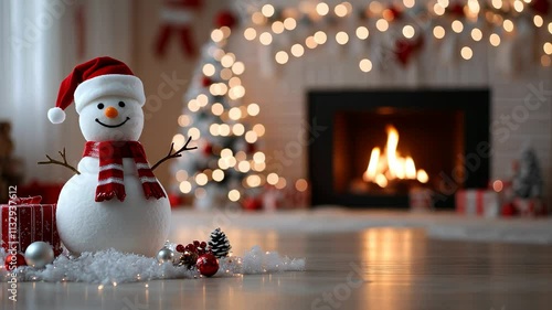 Scène de Noël dans un salon avec un bonhomme de neige, un sapin et un feu de cheminée - Vidéo bouclée. Christmas scene in a living room with a snowman, a fir tree and a fireplace - Looped video.