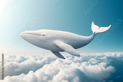 Majestic white whale floating above fluffy clouds in blue sky. Surreal nature scene with flying marine mammal. Dreamy wildlife artwork for environmental campaigns and ocean conservation photo