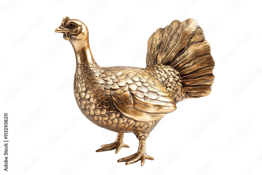 Obraz premium A beautifully crafted golden sculpture depicting a peacock, highlighting intricate details in its feathers and stance. The piece is isolated against a transparent backdrop, allowing full focus on its 