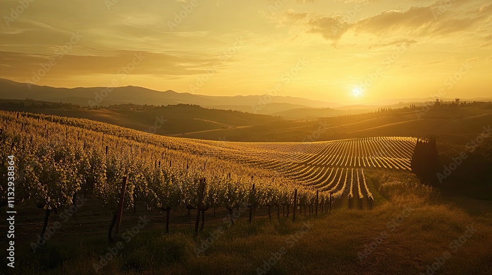 Obraz premium Golden sunset over rolling vineyard hills.