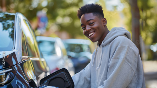 Young African American student charging electric vehicle. Portrait of smiling teenager using modern sustainable technology. Concept of new generation embracing eco-friendly transportation solutions photo