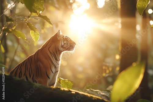 Majestic tiger gazes into the sunset in a lush forest setting during golden hour photo