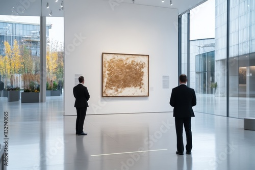 Two suited individuals thoughtfully observing a piece of abstract art in a well-lit gallery space, reflecting on creativity and artistic interpretation. photo