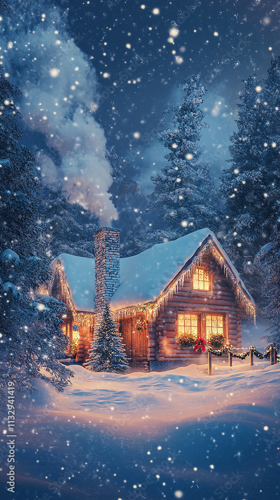 Fototapeta premium Magical Snowy Cabin with Christmas Decorations
