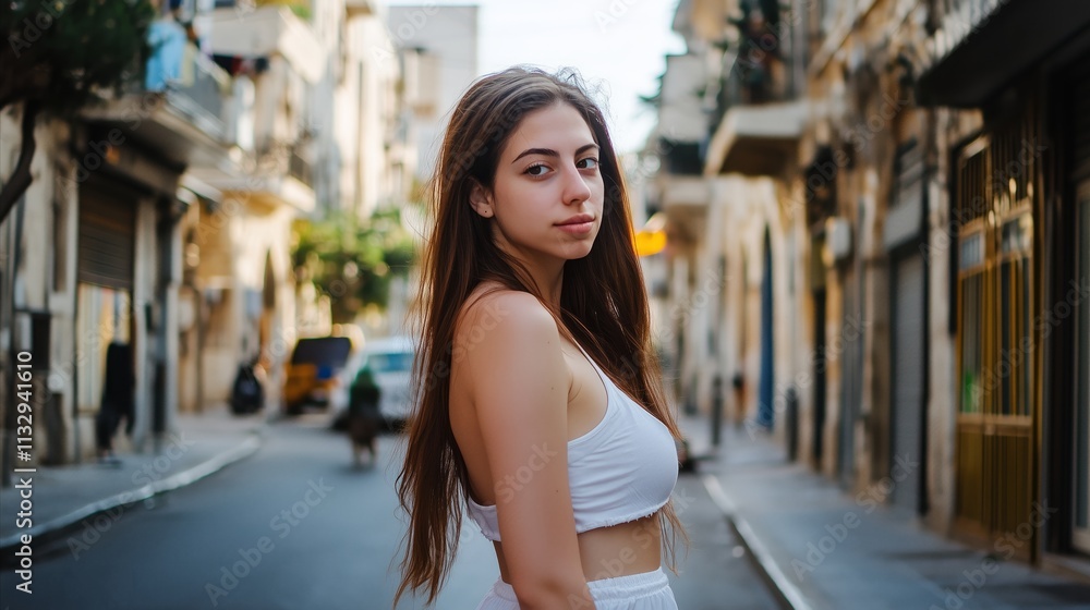 Fototapeta premium Woman with long hair is standing on a street
