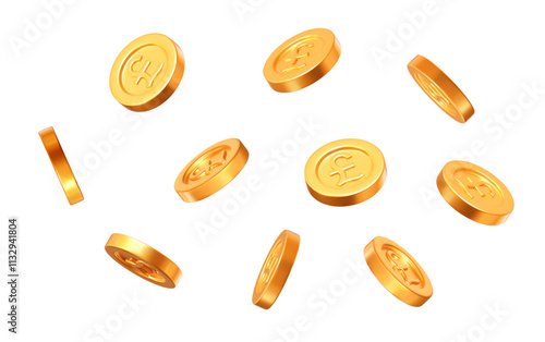 3d flying golden coins with pound sterling sign. Currency of United Kingdom. Precious expensive treasure. Stock vector illustration.	