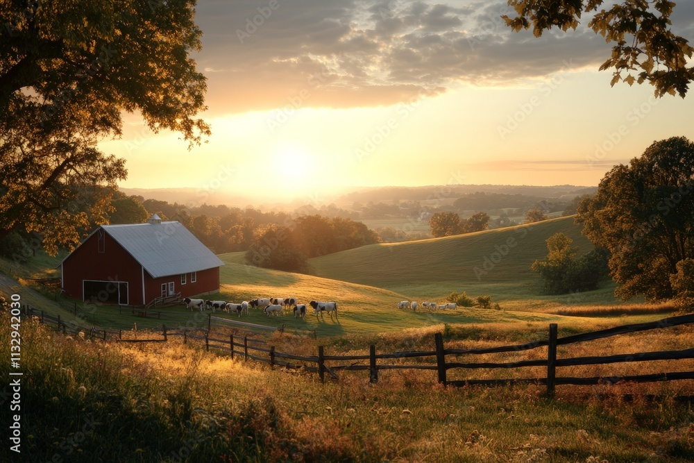Tranquil sunset over a red barn in a serene countryside setting with grazing cows Tranquil sunset over a red barn in a serene countryside setting with grazing cows