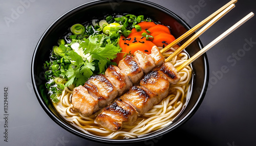 saimin noodle soup bbq skewer photo