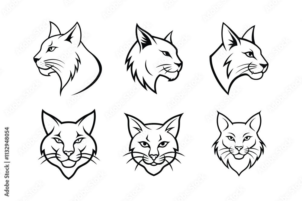 Fototapeta premium Various styles of a bobcat's logo, labeled line art low vector design illustration.