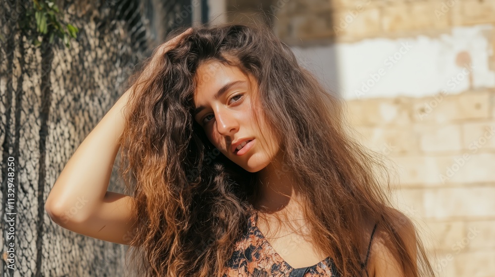 Fototapeta premium Woman with long brown hair is standing in front of a wall