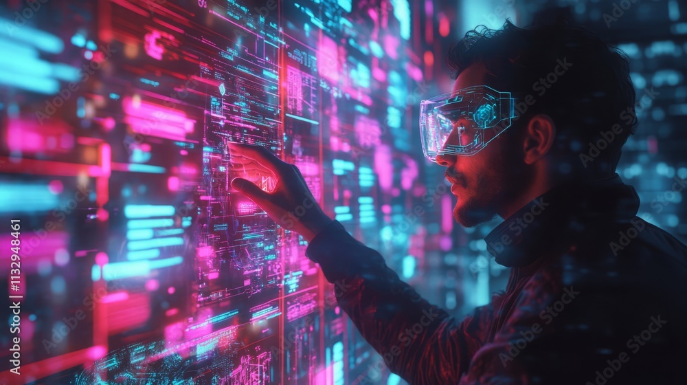 Naklejka premium Register process security. A person interacts with a vibrant, digital interface featuring colorful data visualizations and technology-enabled glasses.