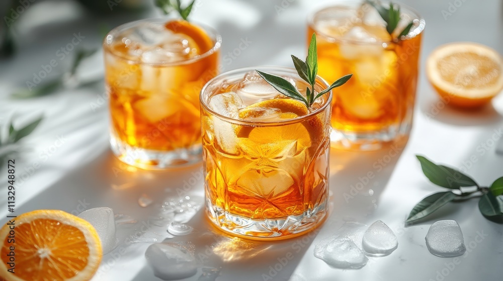 Refreshing and Vibrant Glasses of Orange Citrus Drink with Ice and Fresh Garnish on Sunlit Surface, Perfect for Summer Gatherings and Cocktails Refreshing and Vibrant Glasses of Orange Citrus Drink with Ice and Fresh Garnish on Sunlit Surface, Perfect for Summer Gatherings and Cocktails