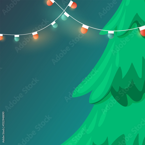 Pre-made social media design template with text placeholders. Festive square post featuring a Christmas tree adorned with glowing garlands. Perfect for holiday greetings and seasonal celebrations.