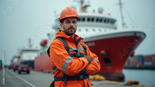 A docker in an orange vest and hard hat stands on a platform, waiting for the arrival of a large cargo ship in a busy industrial waterway.
