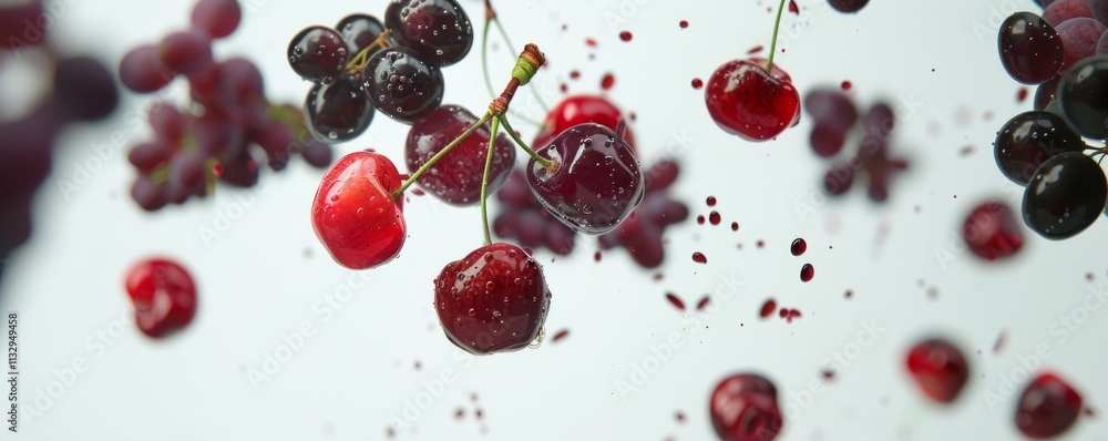 Snapshot from the video where cherries and grapes fall from above on a white background. Snapshot from the video where cherries and grapes fall from above on a white background.