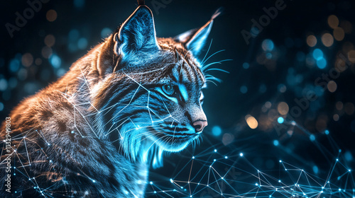 A cyber lynx icon glowing with territorial data, representing online wildlife observation platforms, conservation tools, and ecological research initiatives.  photo