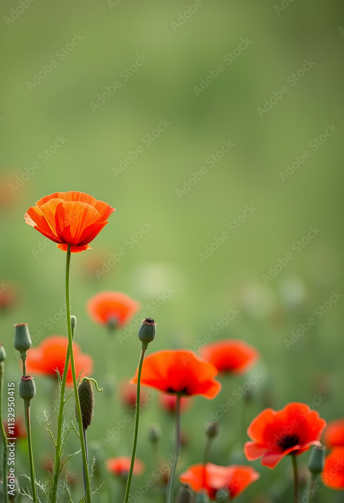 Obraz premium A single red flower growing taller than the rest of the field. Tall poppy syndrome. The odd one out. Cutting down those who are successful. Diversity and Inclusion, vector style, with white tones