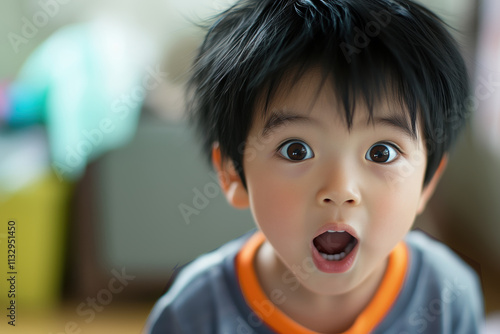 Surprised expression of a young boy with copy space photo