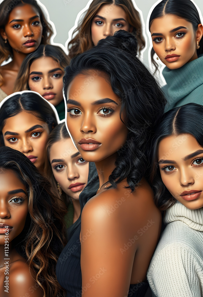 Obraz premium Portrait of many attractive female fashion models and looking at the camera. Diverse ethnic group of beautiful women with natural beauty and glowing smooth skin, sticker style, with white tones