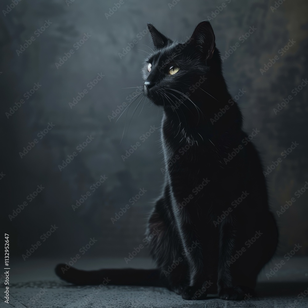 Obraz premium Studio portrait of a beautiful black cat sitting and looking away on a dark background