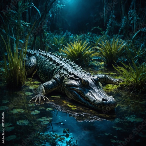 A crocodile guarding its nest of eggs in a remote wetland during a tranquil sunrise.

 photo