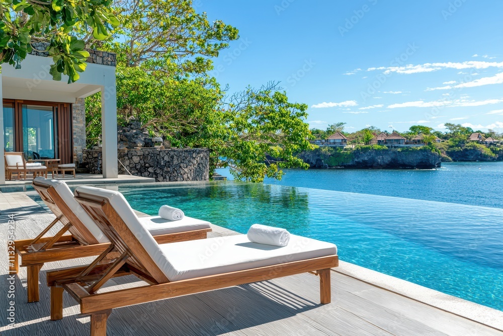 Fototapeta premium Elegant Poolside Retreat Overlooking Serene Ocean and Lush Landscape
