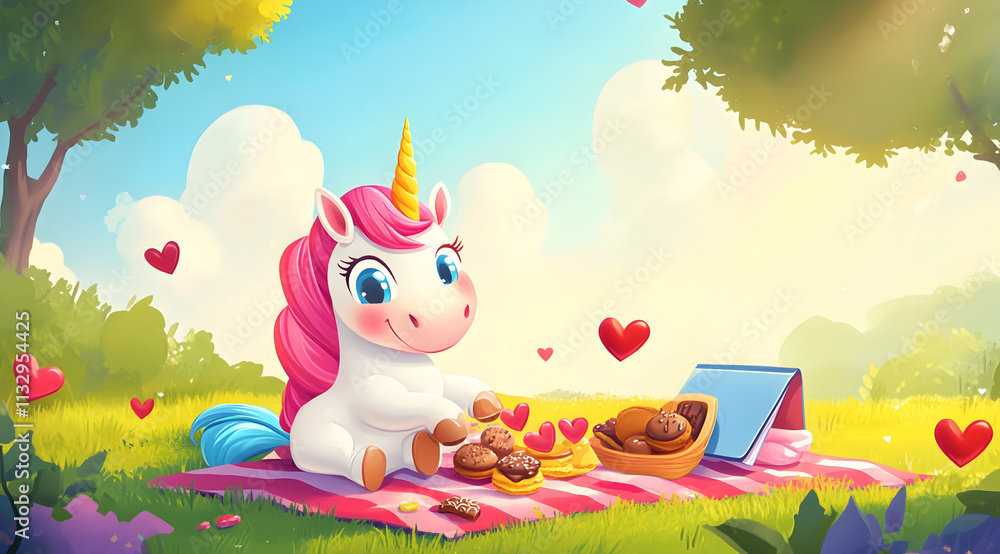 Fototapeta premium A cute unicorn enjoys a picnic in a sunny meadow, surrounded by hearts and delicious treats on a colorful blanket.