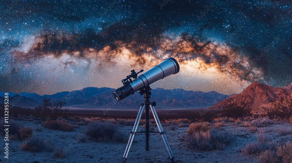 Naklejka premium Telescope viewing the Milky Way galaxy over desert mountains at night.