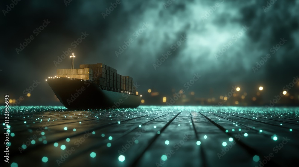 Fototapeta premium A cargo ship is anchored on a luminous, reflective surface under a dramatic, cloudy sky, creating a mysterious and serene nighttime atmosphere.