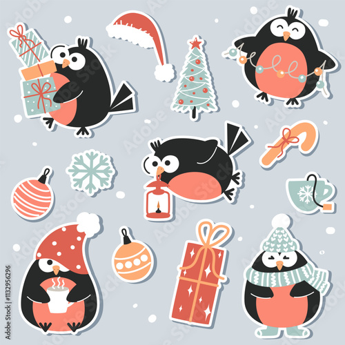 Funny bullfinches characters, hand drawn, for a Happy New Year greeting card.
