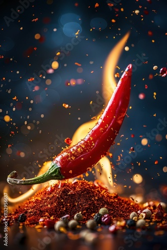 Fiery Red Chili Pepper with Spices and Flames photo