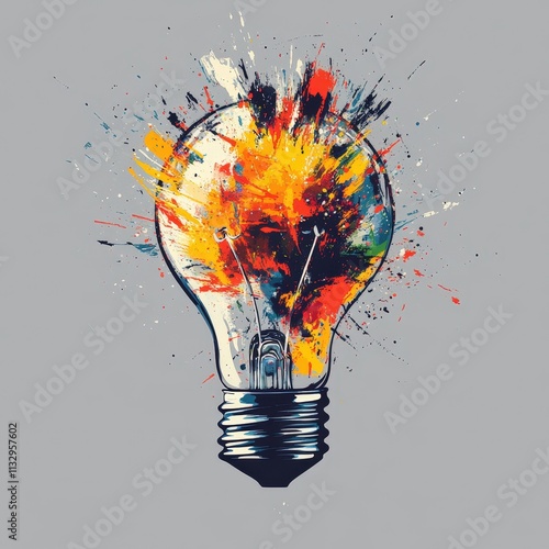 Digital artwork of a lightbulb with explosive, colorful paint splashes, creating an energetic and creative visual. Ideal for innovation, inspiration, or art themes. AI generated. photo