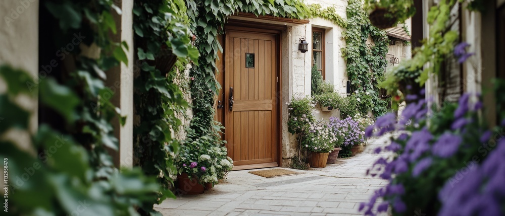 Fototapeta premium Ivy-clad cottage with a wooden door and vibrant purple flowers, capturing enchanting charm and cottage allure.