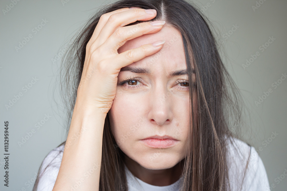 Naklejka premium A young Caucasian brunette woman in white clothes is shaggy and sleepy, suffering from a headache, looking sadly at the camera, holding her head with her hand.
