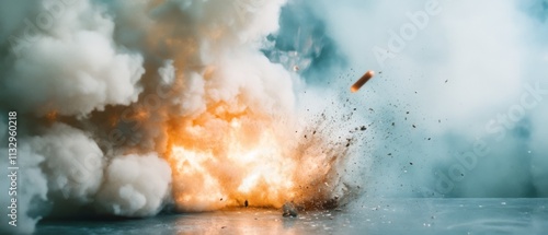 A dramatic explosion sends plumes of smoke and flames, capturing raw energy and impact in a single frame.