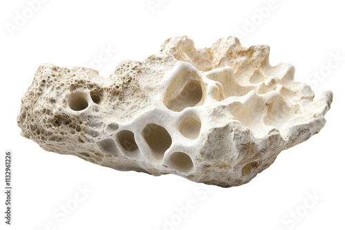 This unique coral specimen features a transparent and porous structure, showcasing intricate patterns and natural holes. It is isolated on a clean background, highlighting the beauty of its marine ori photo