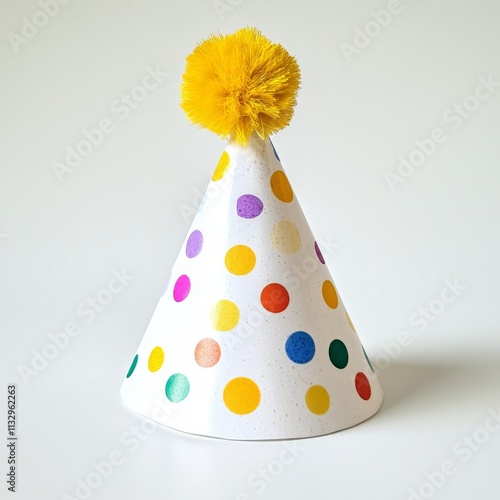 White background with polka dot birthday hat having colorful dots and yellow pom-pom. photo