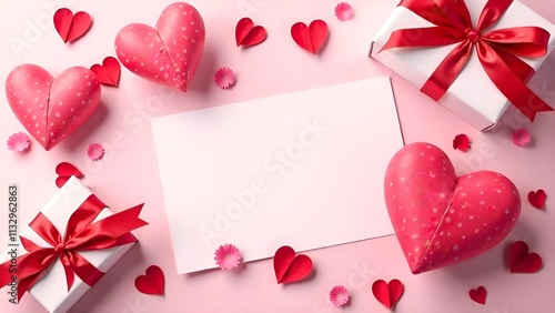 a pink background with red and white hearts on it.