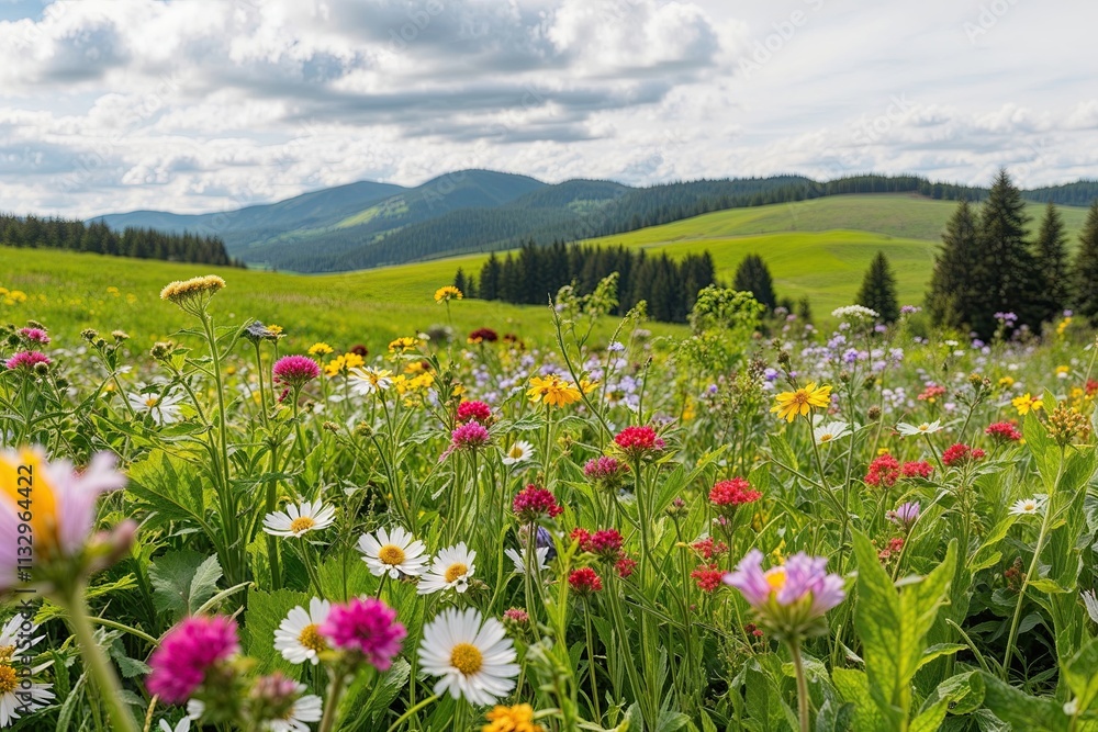 Obraz premium Breathtaking Closeup Vista of a Lush Meadow with Blooming Wildflowers on White Background
