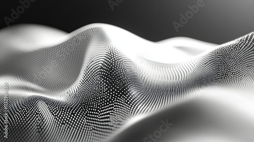 A futuristic mesh of points and lines flowing smoothly into a wave, casting soft shadows on a gradient backdrop. photo