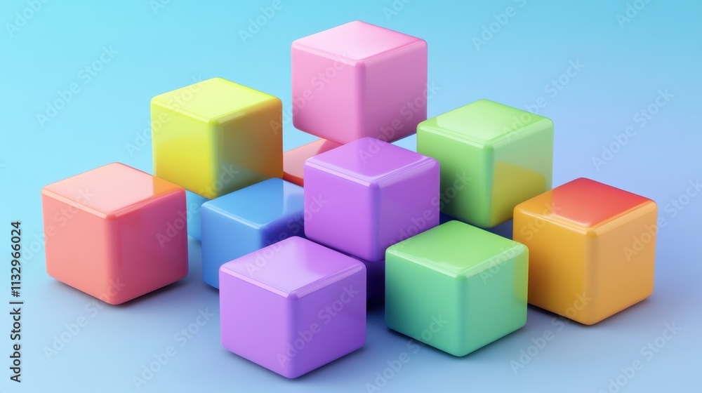 Fototapeta premium Colorful Cubes Arrangement Pastel Rainbow Blocks Abstract 3D Render Modern Geometric Design