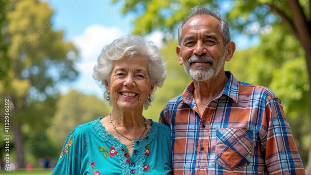 Elderly caucasian couple smiling in park with sunlit trees in background Elderly caucasian couple smiling in park with sunlit trees in background