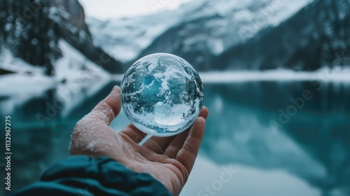 A hand holding a melting snow globe shaped like Earth, emphasizing the fragility of our planet. photo