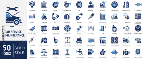 Car Service and Maintenance Flat Icon set. Containing Auto service, car repair, car service, maintenance and garage icon. Vector Illustration