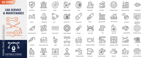 Car Service and Maintenance Editable Line Icon set. Containing Auto service, car repair, car service, maintenance and garage icon. Vector Illustration